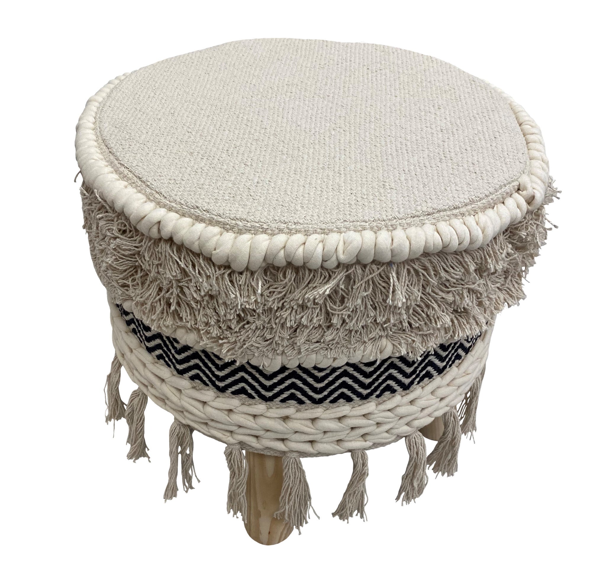 16 Beige And Black Cotton And Natural Round Chevron Ottoman