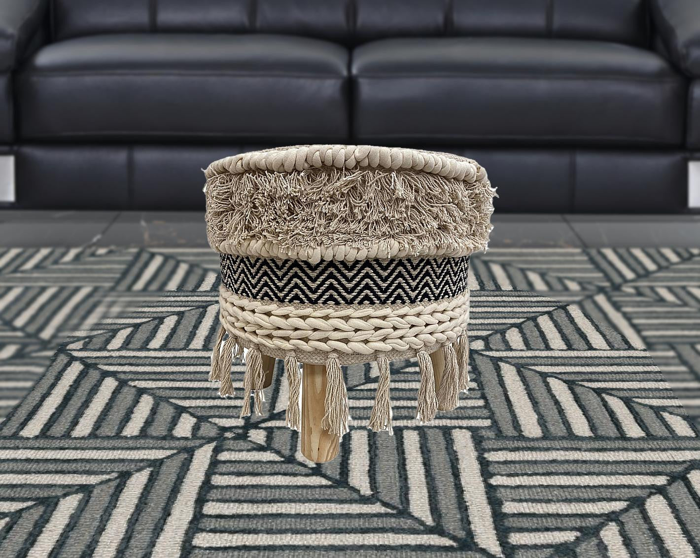 16 Beige And Black Cotton And Natural Round Chevron Ottoman