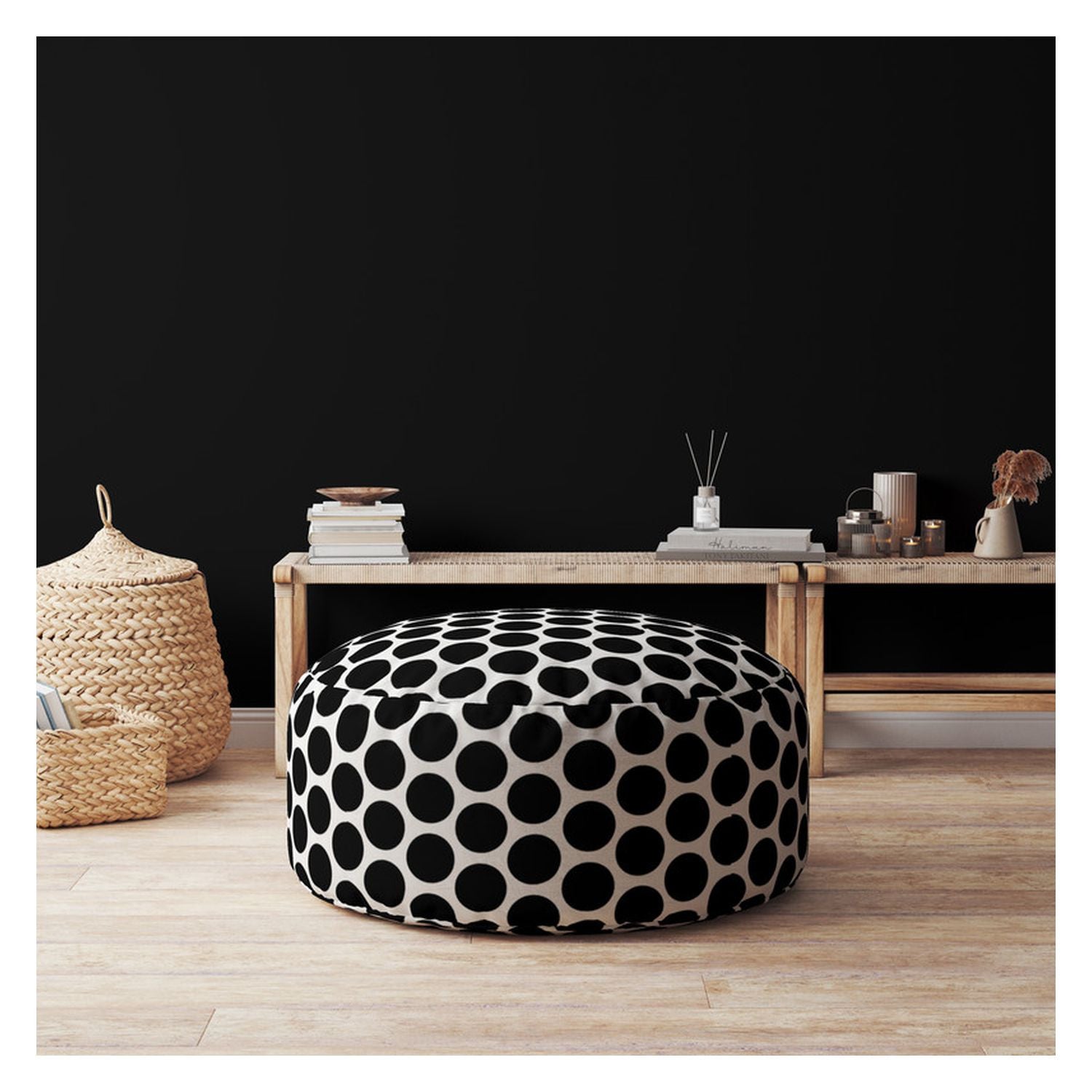 24 Black Cotton Round Polka Dots Pouf Cover