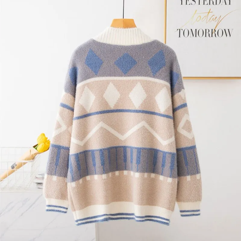 Autumn Women Long Sleeve Geometric Patterns Sweater Coat Casual Loose Knitted Cardigan