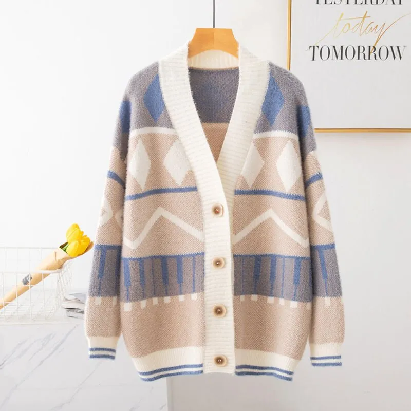 Autumn Women Long Sleeve Geometric Patterns Sweater Coat Casual Loose Knitted Cardigan