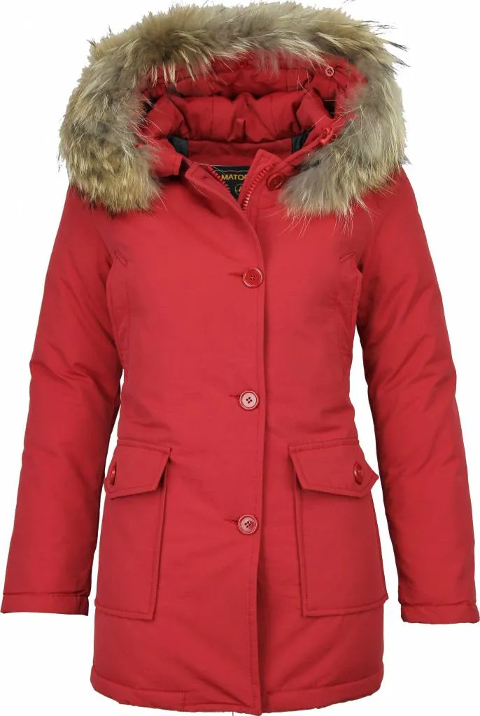 Beluomo Fur Collar Coat - Women's Winter Coat Wooly Long - Parka Stitch Pockets - Red