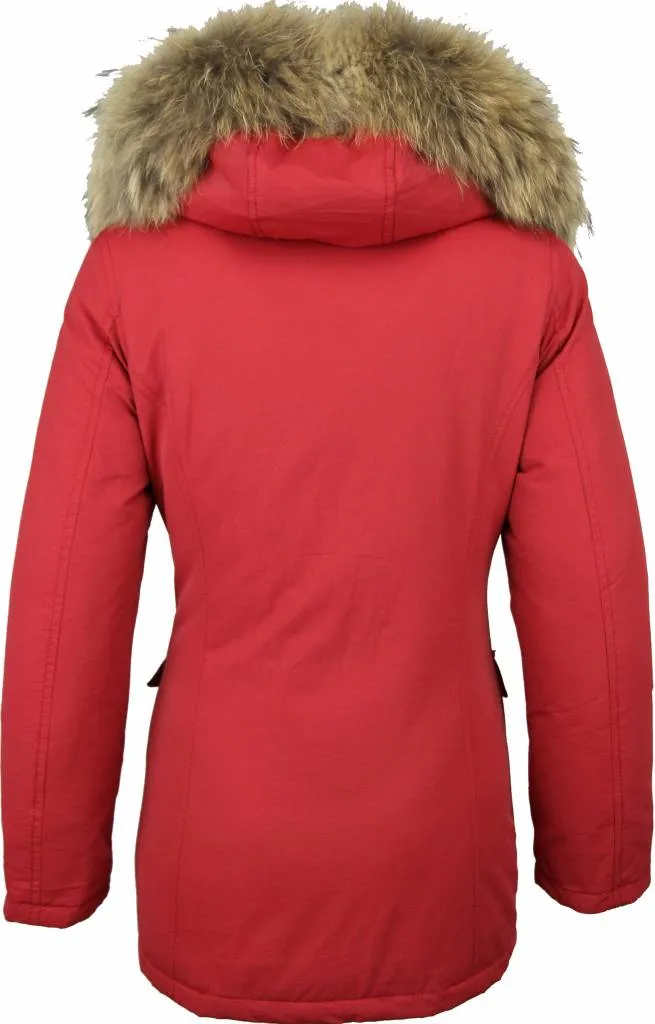 Beluomo Fur Collar Coat - Women's Winter Coat Wooly Long - Parka Stitch Pockets - Red