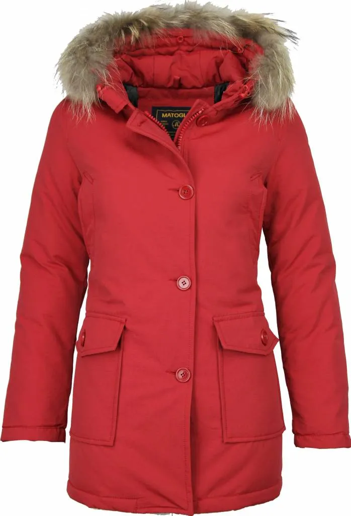 Beluomo Fur Collar Coat - Women's Winter Coat Wooly Long - Parka Stitch Pockets - Red