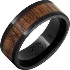 Black Diamond Ceramic Ring with Vintage Hickory Baseball Bat Wood Inlay