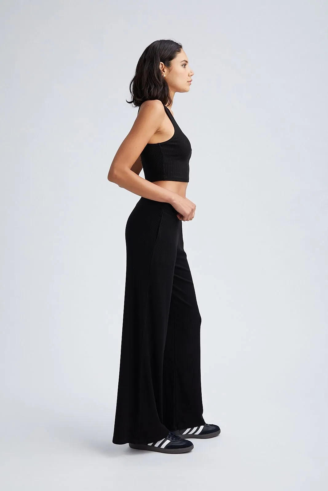 Black Rib Wide Leg Pants