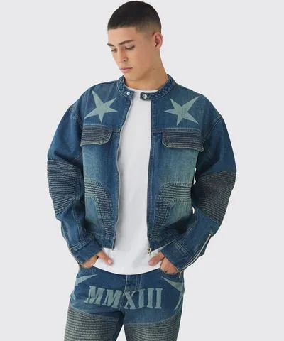 boohoo Mens Boxy Denim Moto Star Laser Print Biker Jacket