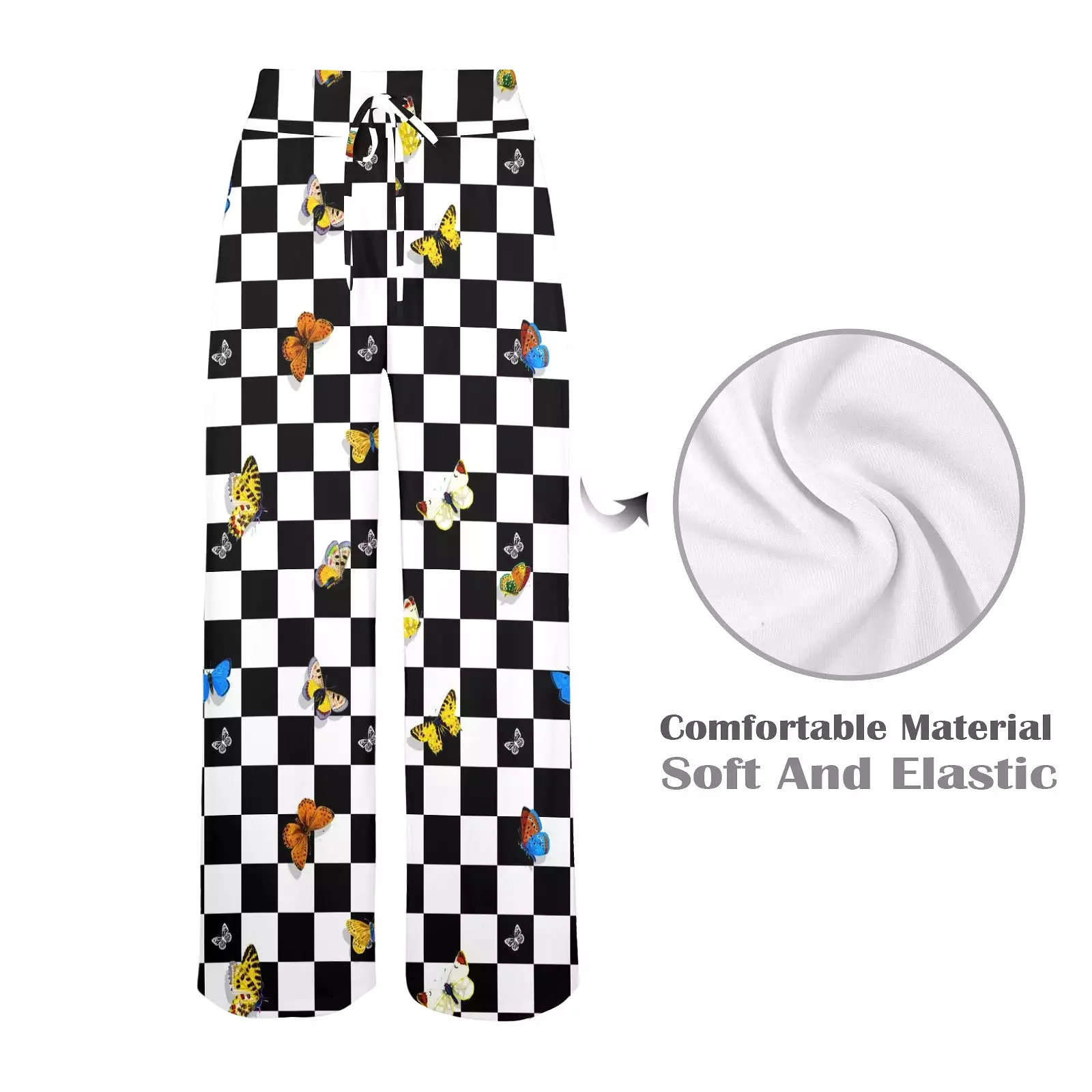 butterfly checker bw print Women's Wide Leg Lounge Pants (Model L77)