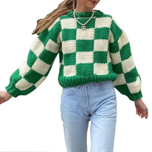 Casual Plaid Cotton Round Neck Long Sleeve Regular Sleeve Rib-knit Sweater