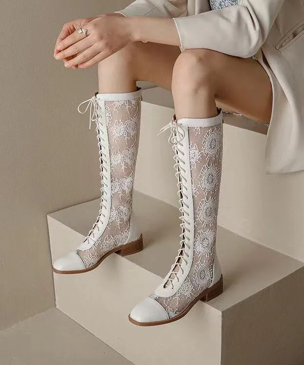 Chic White Hollow Out Lace Up Chunky Boots