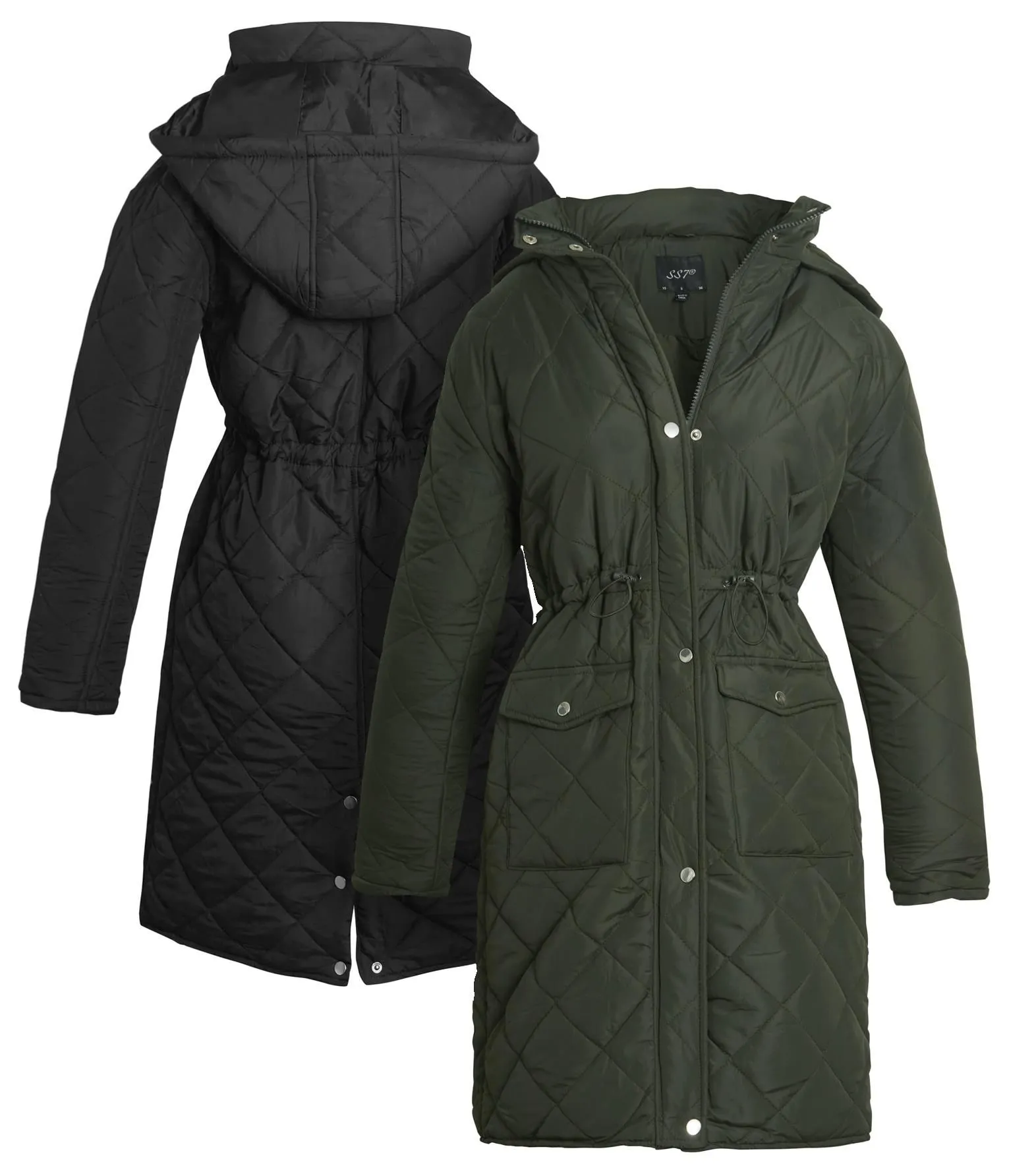 Diamond Quilted Parka Coat, Black, Khaki, UK Sizes 8 to 16