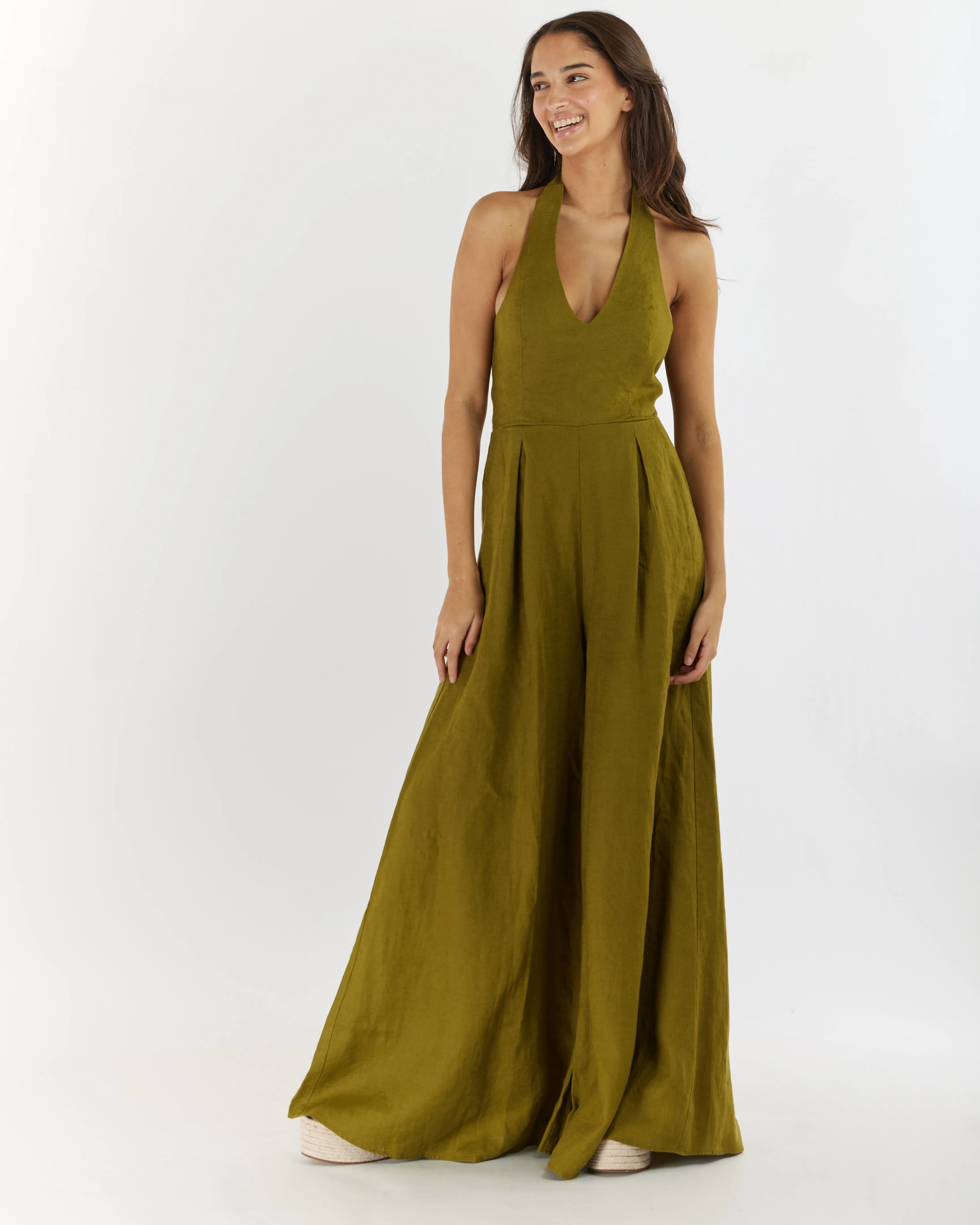 Eloise Linen Halter Jumpsuit - Olive