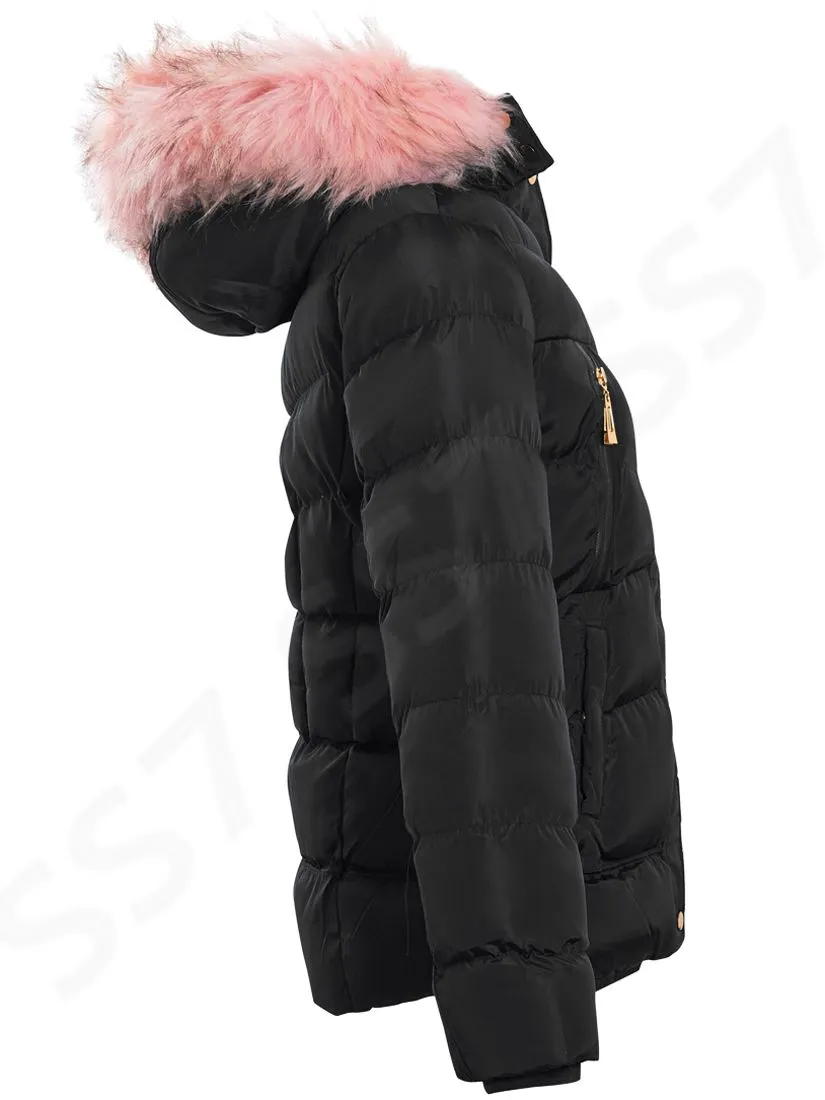 Girls Fleece Lined Padded Parka Coat, Colours Black, Navy, Ages 4 to 16 Years