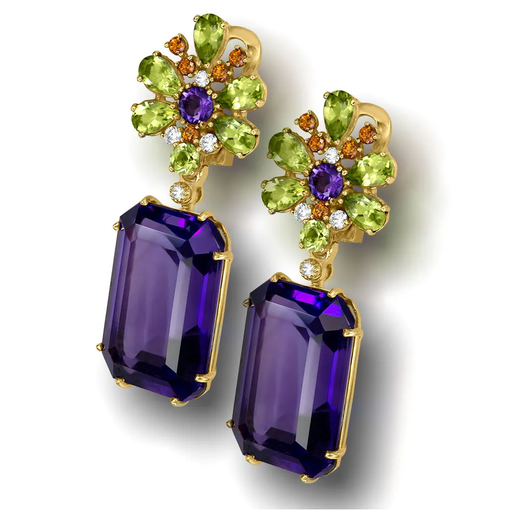 Gold Blossom Drop Earrings with Amethyst & Peridot