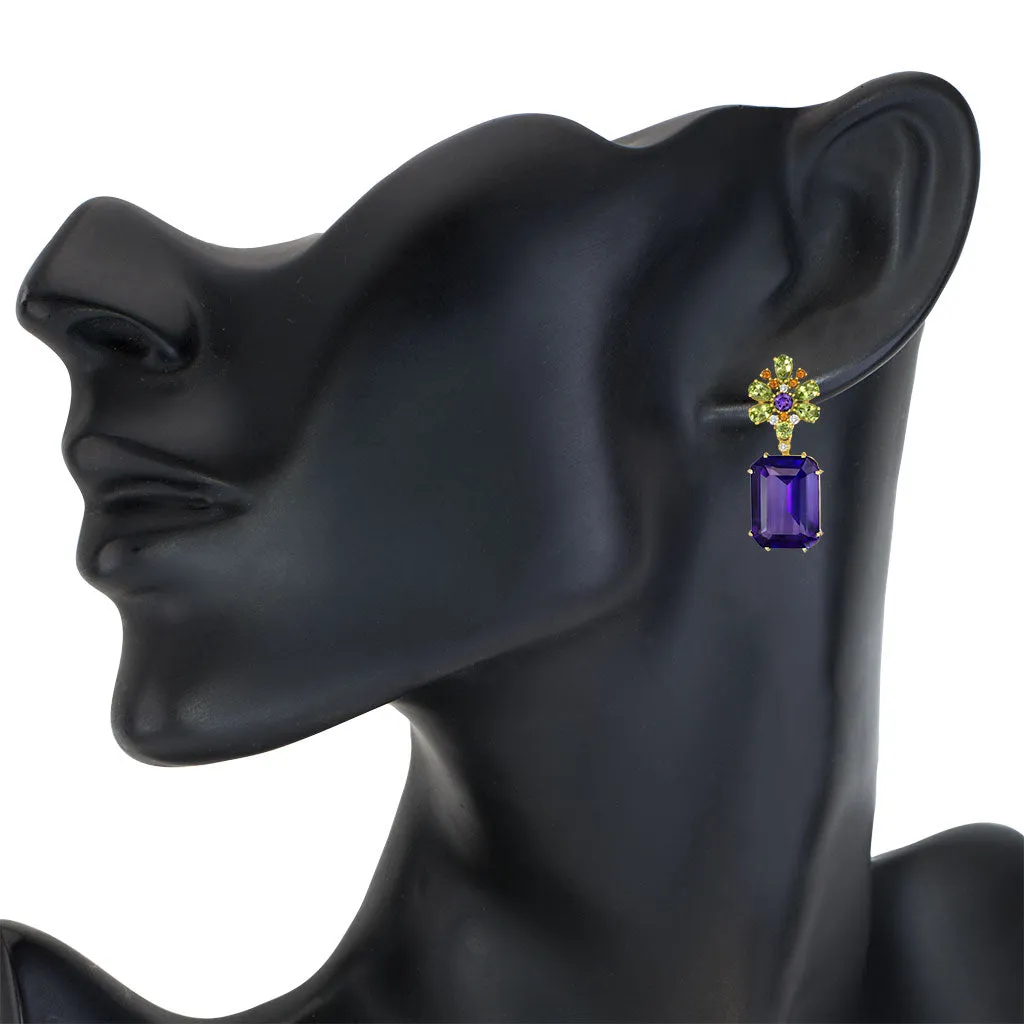 Gold Blossom Drop Earrings with Amethyst & Peridot