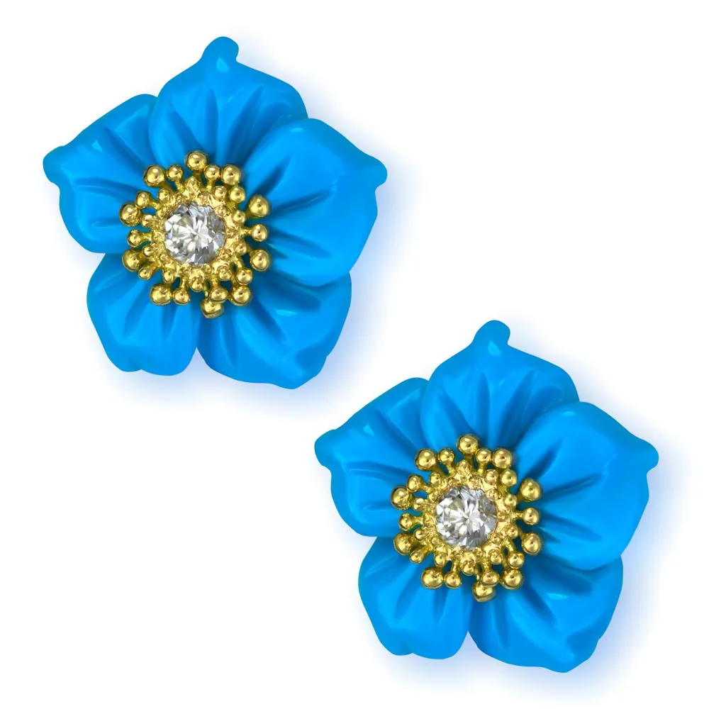 Gold Blossom Earrings with Carved Turquoise & Topaz