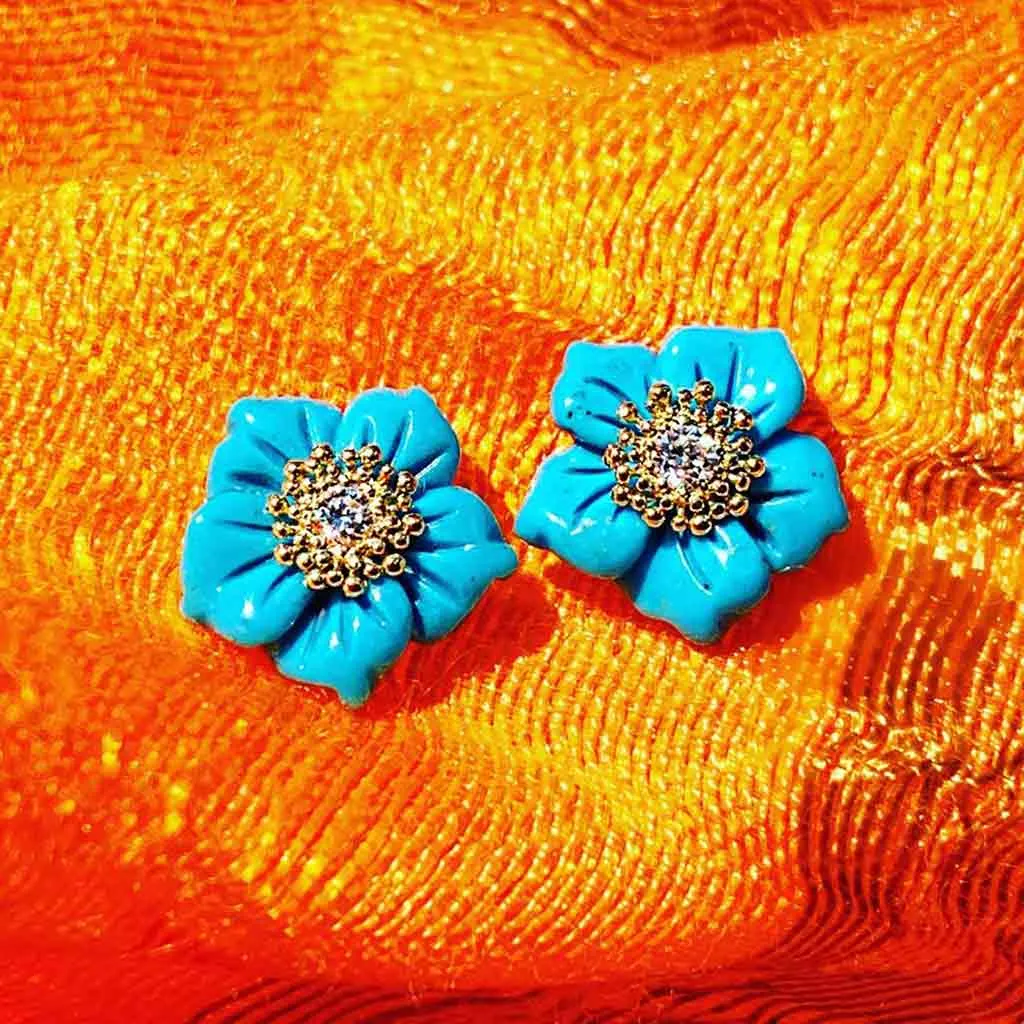 Gold Blossom Earrings with Carved Turquoise & Topaz