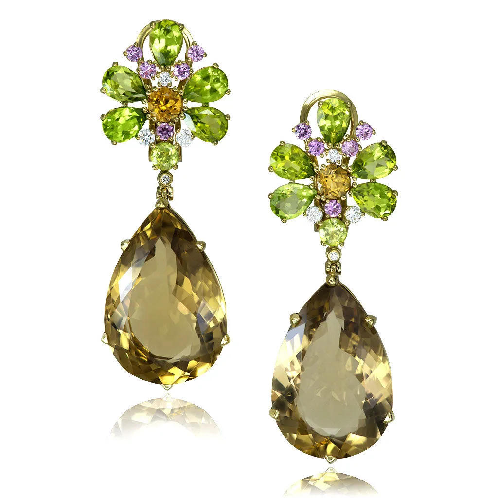 Gold Blossom Pear Earrings with Champagne Quartz