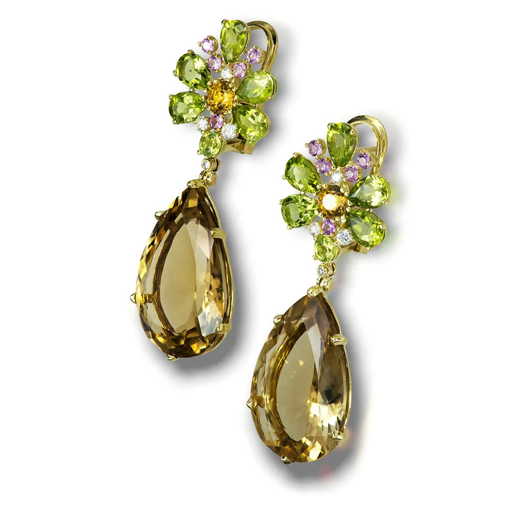 Gold Blossom Pear Earrings with Champagne Quartz