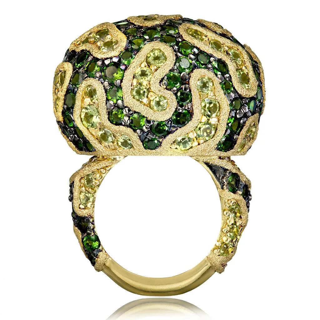 Gold Fine Lace Ring with Chrome Diopside and Peridot