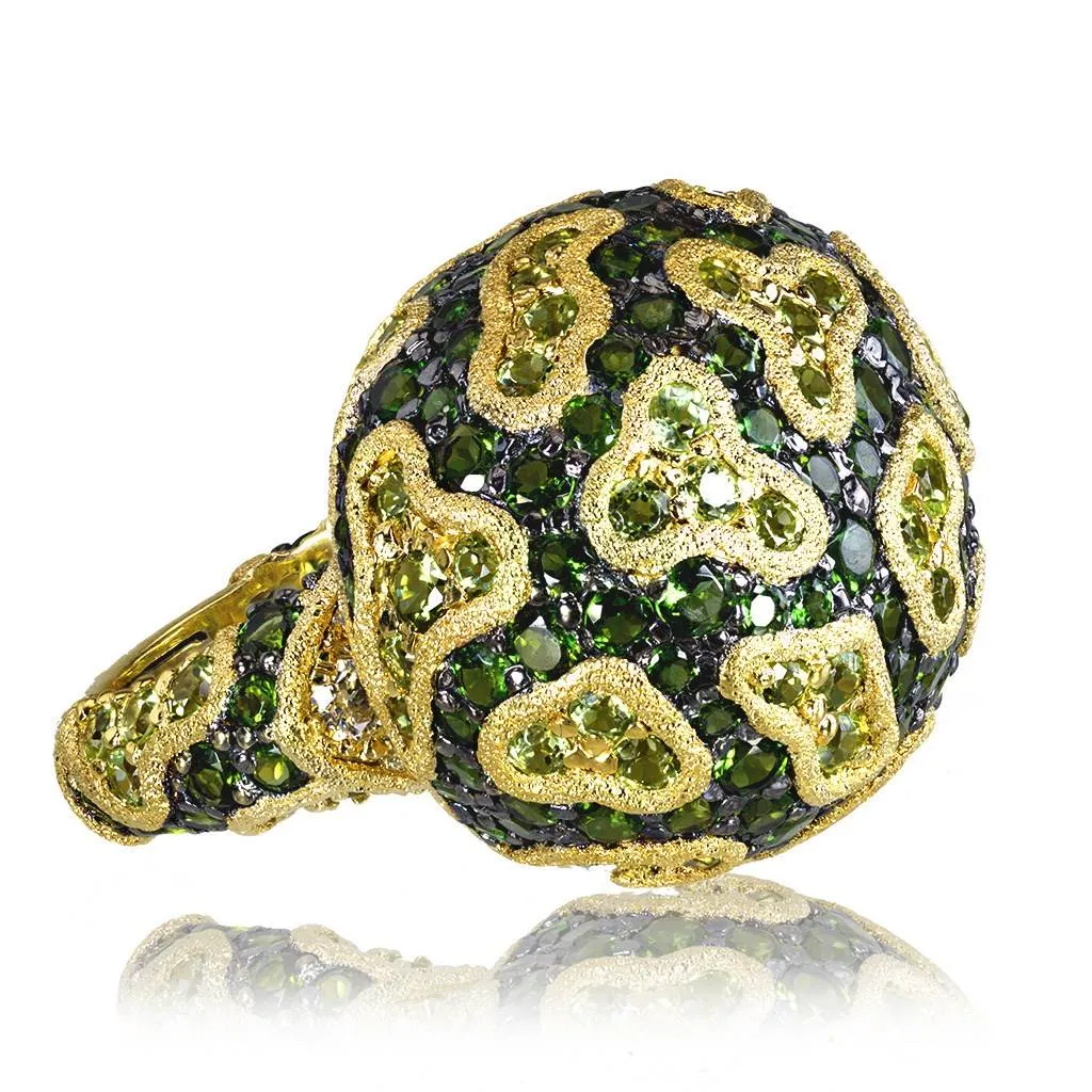 Gold Fine Lace Ring with Chrome Diopside and Peridot