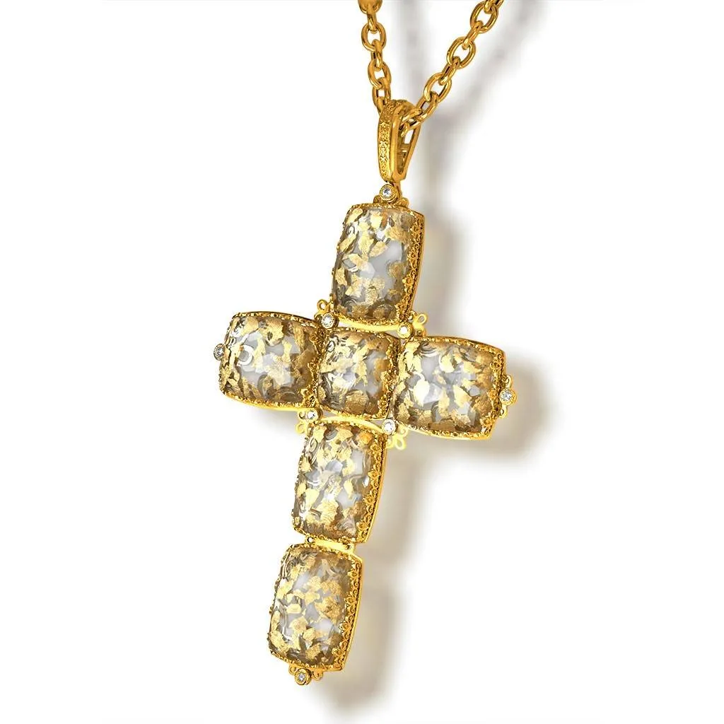 Gold Grand Cross Pendant/Necklace with Quartz & Diamond