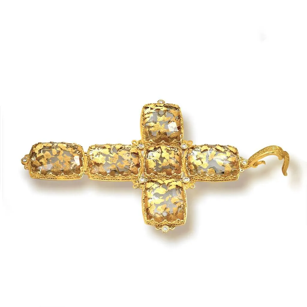 Gold Grand Cross Pendant/Necklace with Quartz & Diamond