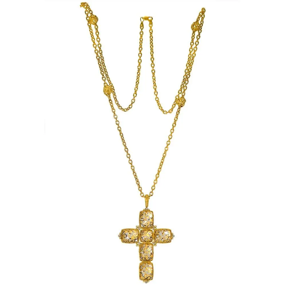 Gold Grand Cross Pendant/Necklace with Quartz & Diamond