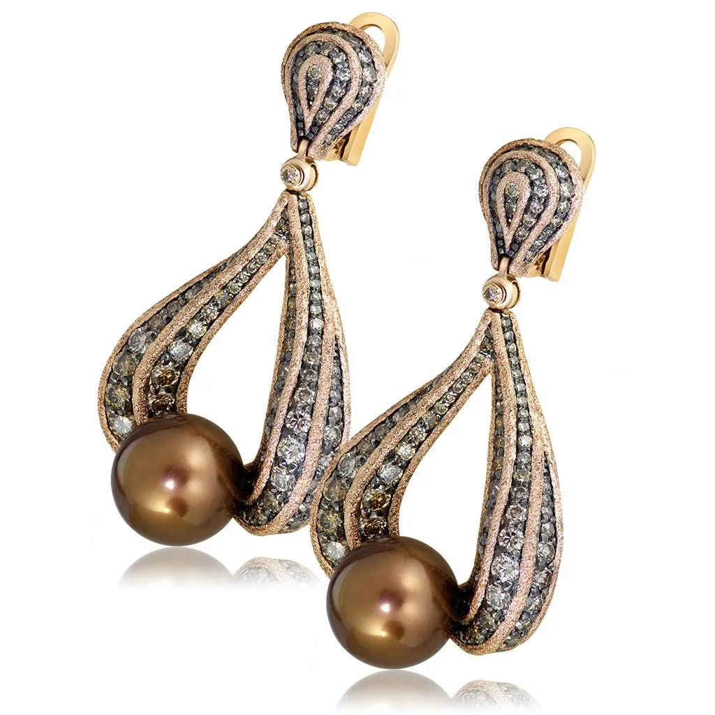 Gold Twist Earrings With Chocolate Pearl & Diamonds