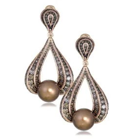 Gold Twist Earrings With Chocolate Pearl & Diamonds