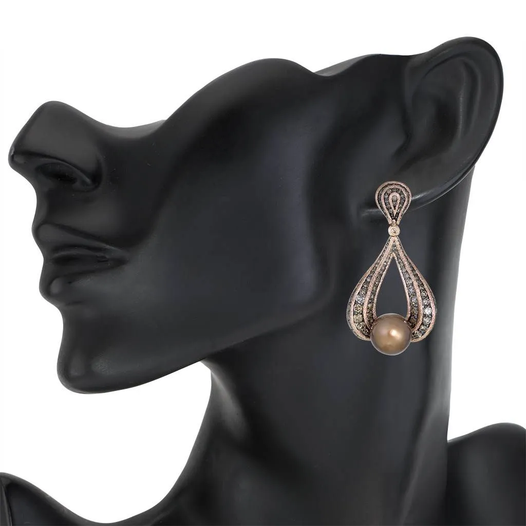 Gold Twist Earrings With Chocolate Pearl & Diamonds