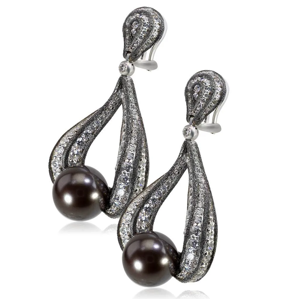 Gold Twist Earrings With Tahitian Pearl & Diamonds