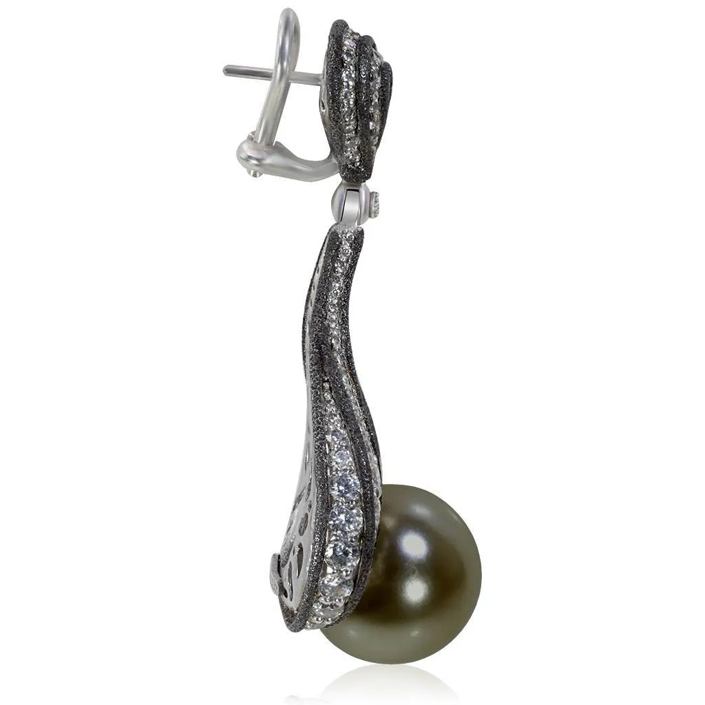 Gold Twist Earrings With Tahitian Pearl & Diamonds