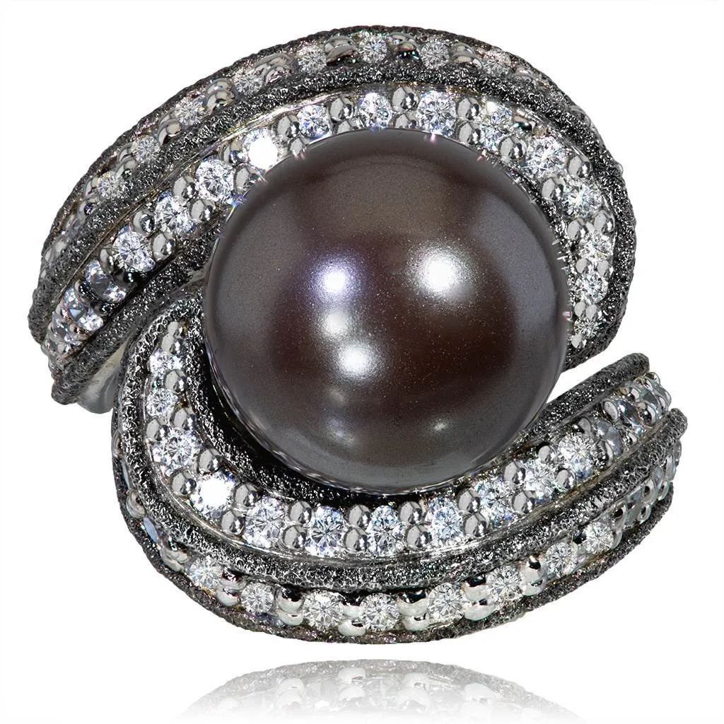 Gold Twist Ring With Tahitian Pearl & Diamonds