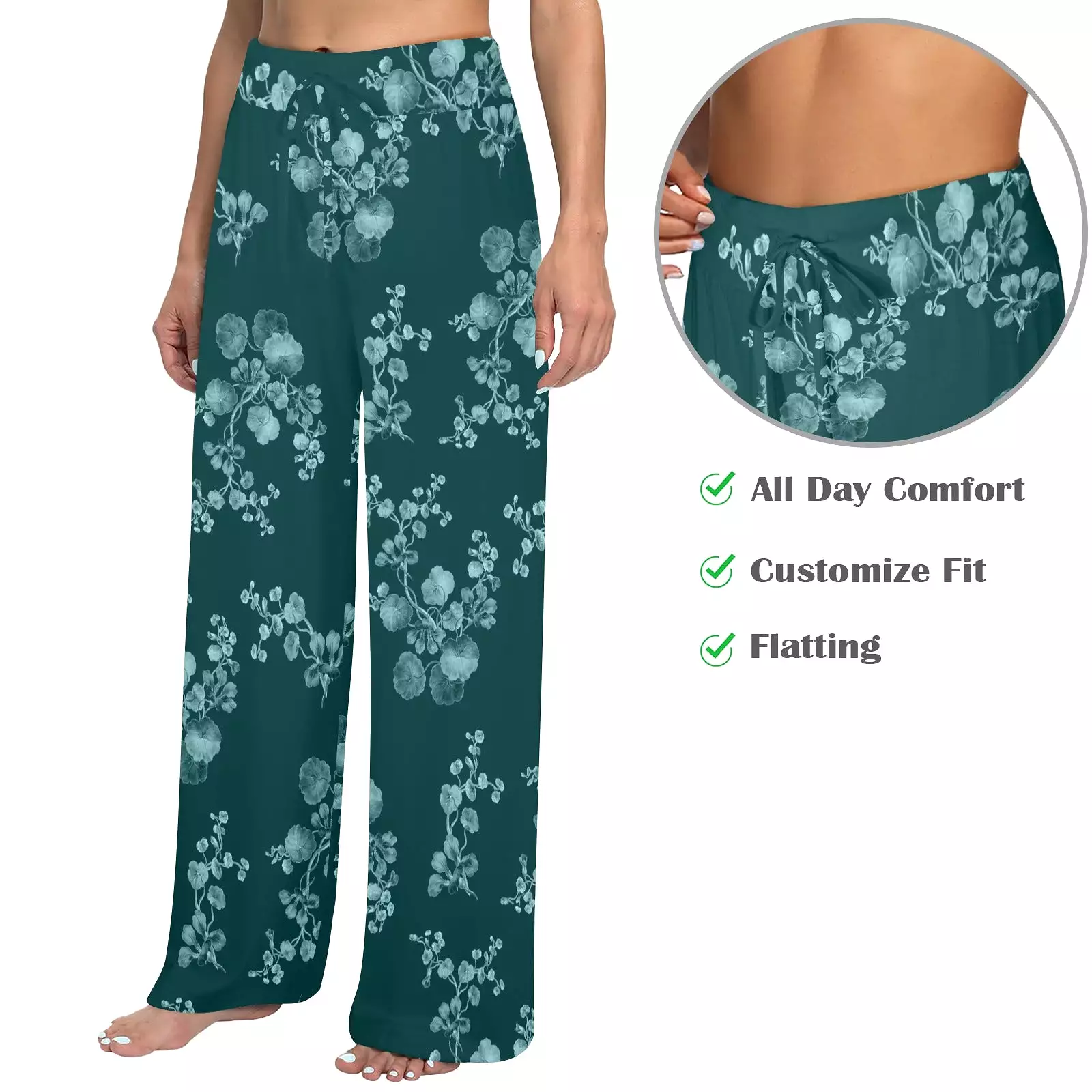 green mono floral print Women's Wide Leg Lounge Pants (Model L77)