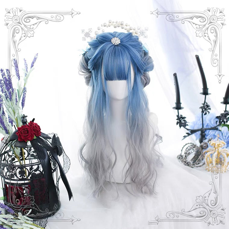 HARAJUKU LOLITA BLUE GRAY GRADIENT LONG CURLY WIG BY70165