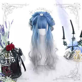 HARAJUKU LOLITA BLUE GRAY GRADIENT LONG CURLY WIG BY70165