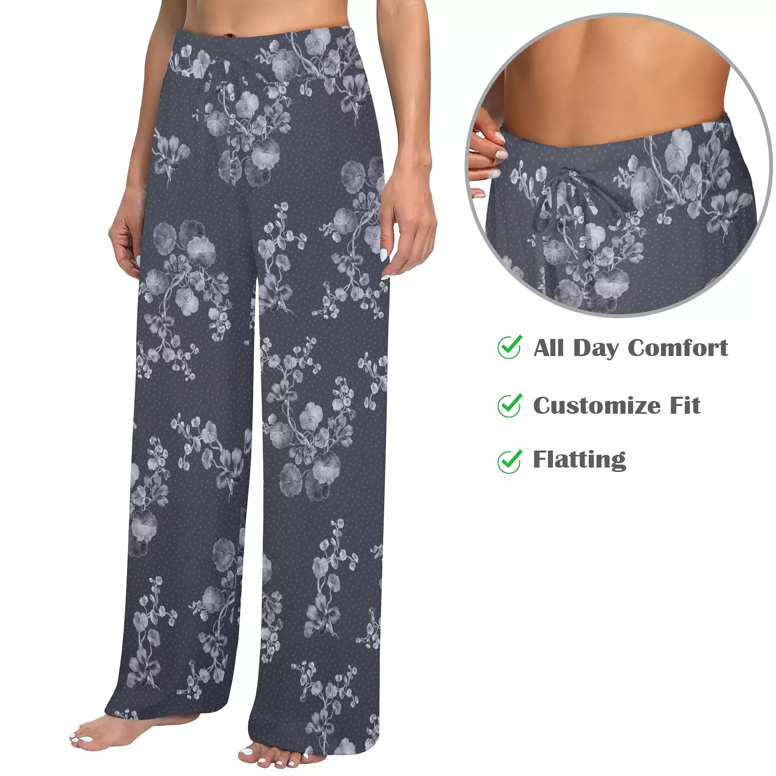 ink well floral print Women's Wide Leg Lounge Pants (Model L77)