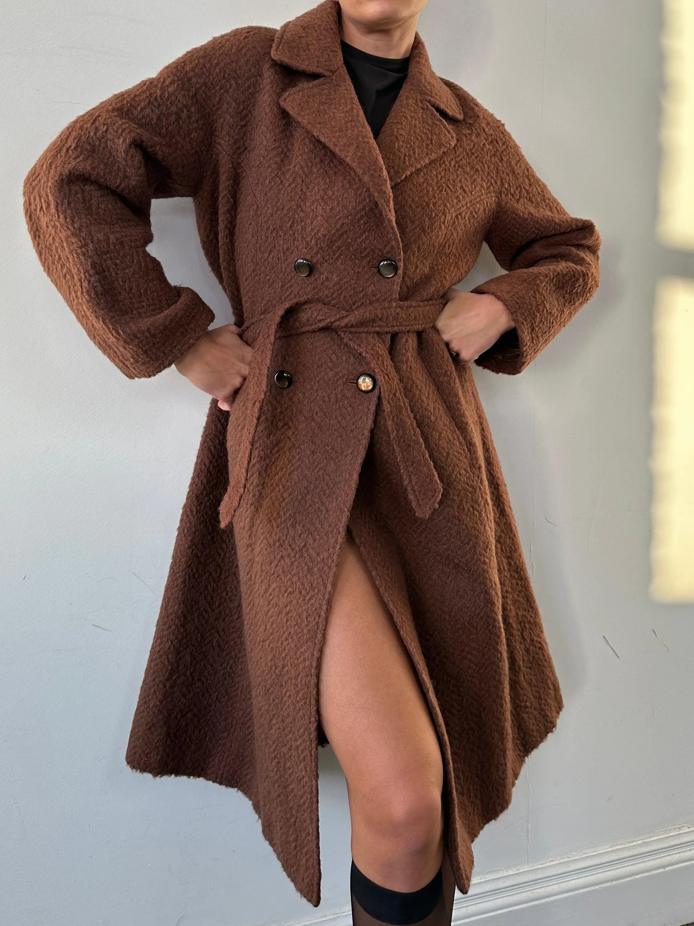 Italian Vintage Mohair Wool Double Breasted Belted Coat - S/M