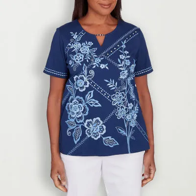 JCPenney Alfred Dunner Blue Bayou Womens Keyhole Neck Short Sleeve T-Shirt