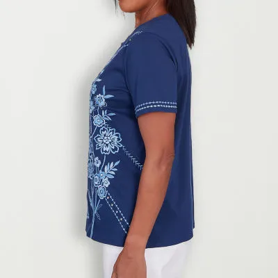 JCPenney Alfred Dunner Blue Bayou Womens Keyhole Neck Short Sleeve T-Shirt