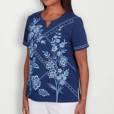 JCPenney Alfred Dunner Blue Bayou Womens Keyhole Neck Short Sleeve T-Shirt