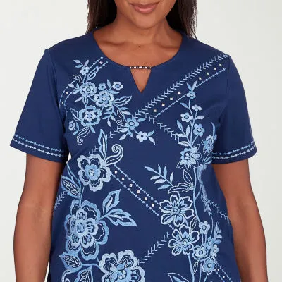 JCPenney Alfred Dunner Blue Bayou Womens Keyhole Neck Short Sleeve T-Shirt