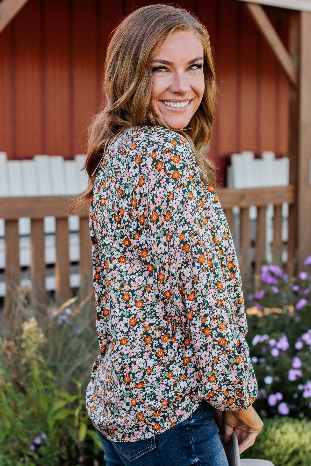 Keeping Dreams Alive Floral Blouse- Hunter Green