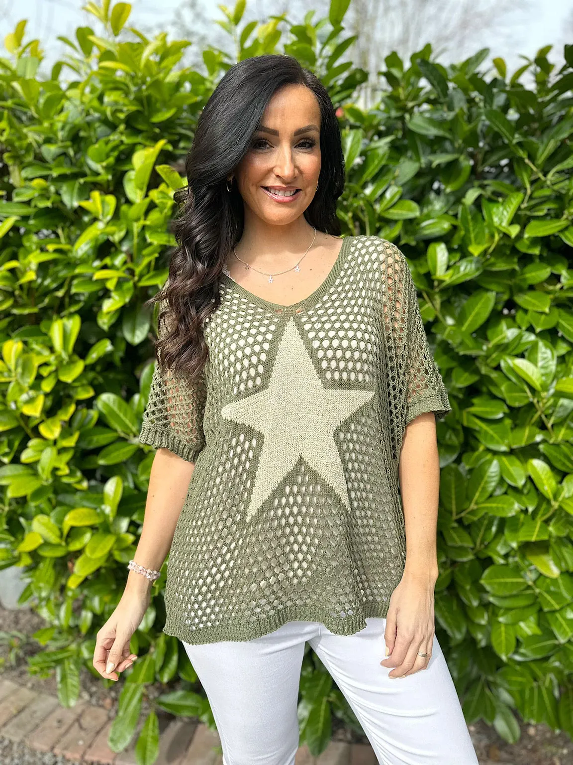 Khaki V Neck Star Loose Knit  Alex