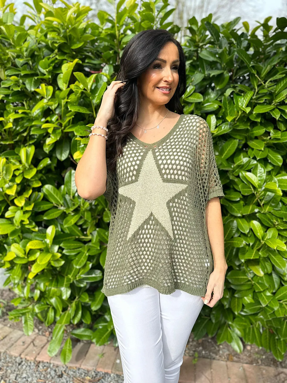 Khaki V Neck Star Loose Knit  Alex