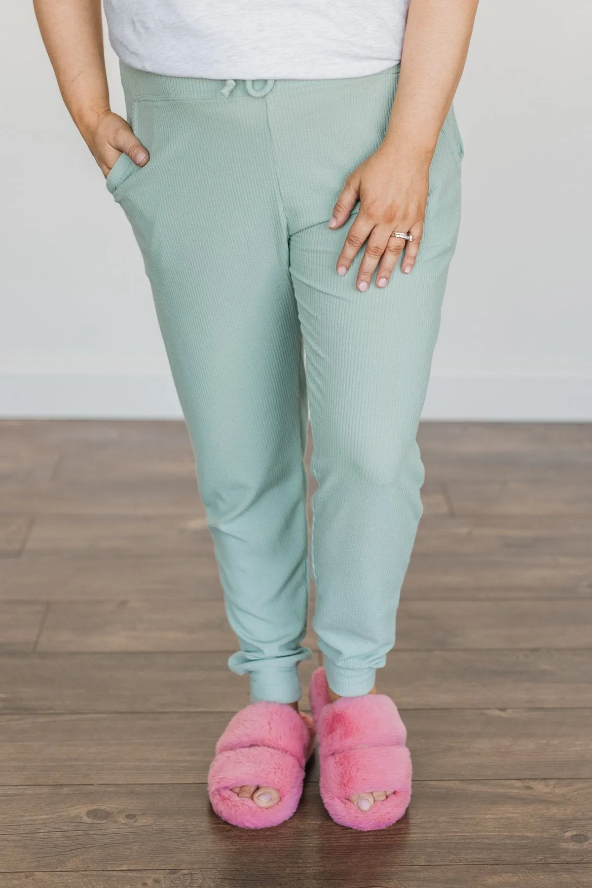 Meant For Each Other Ribbed Knit Joggers- Dusty Sage