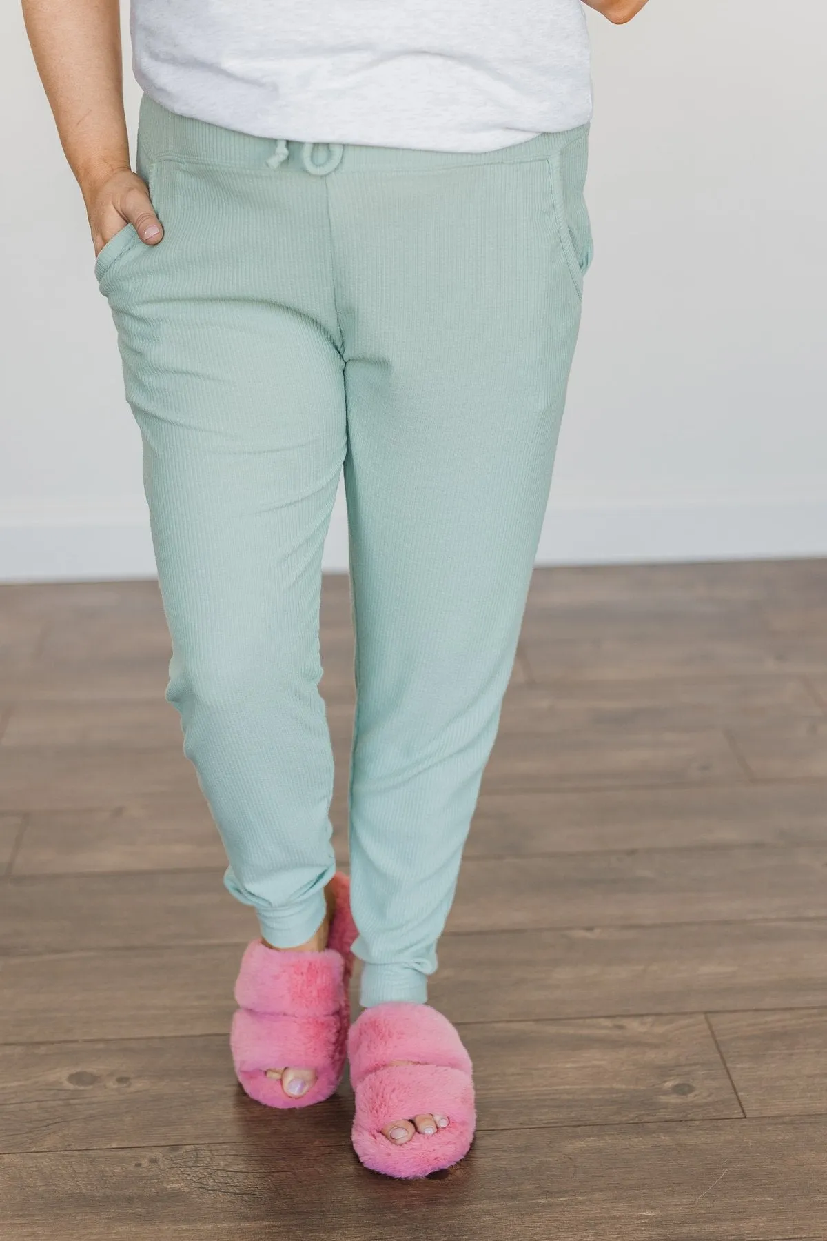 Meant For Each Other Ribbed Knit Joggers- Dusty Sage