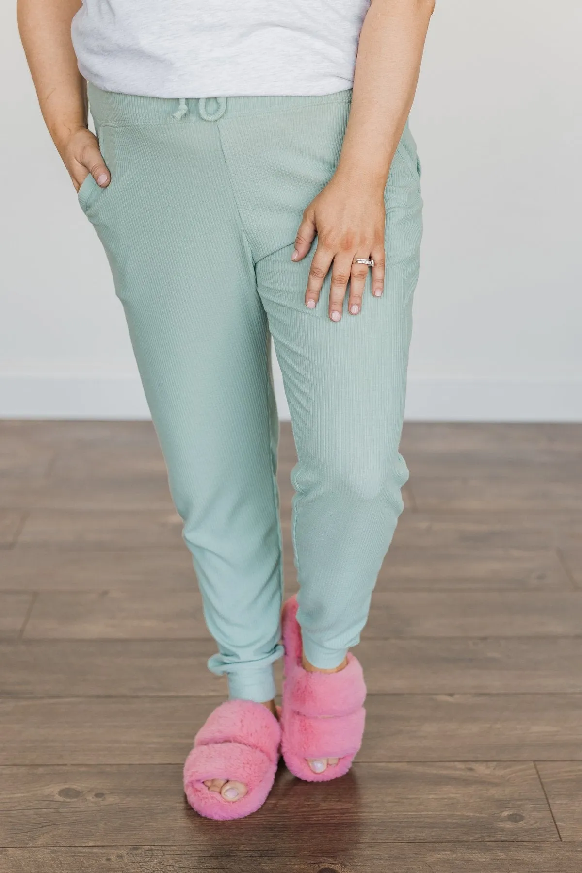 Meant For Each Other Ribbed Knit Joggers- Dusty Sage