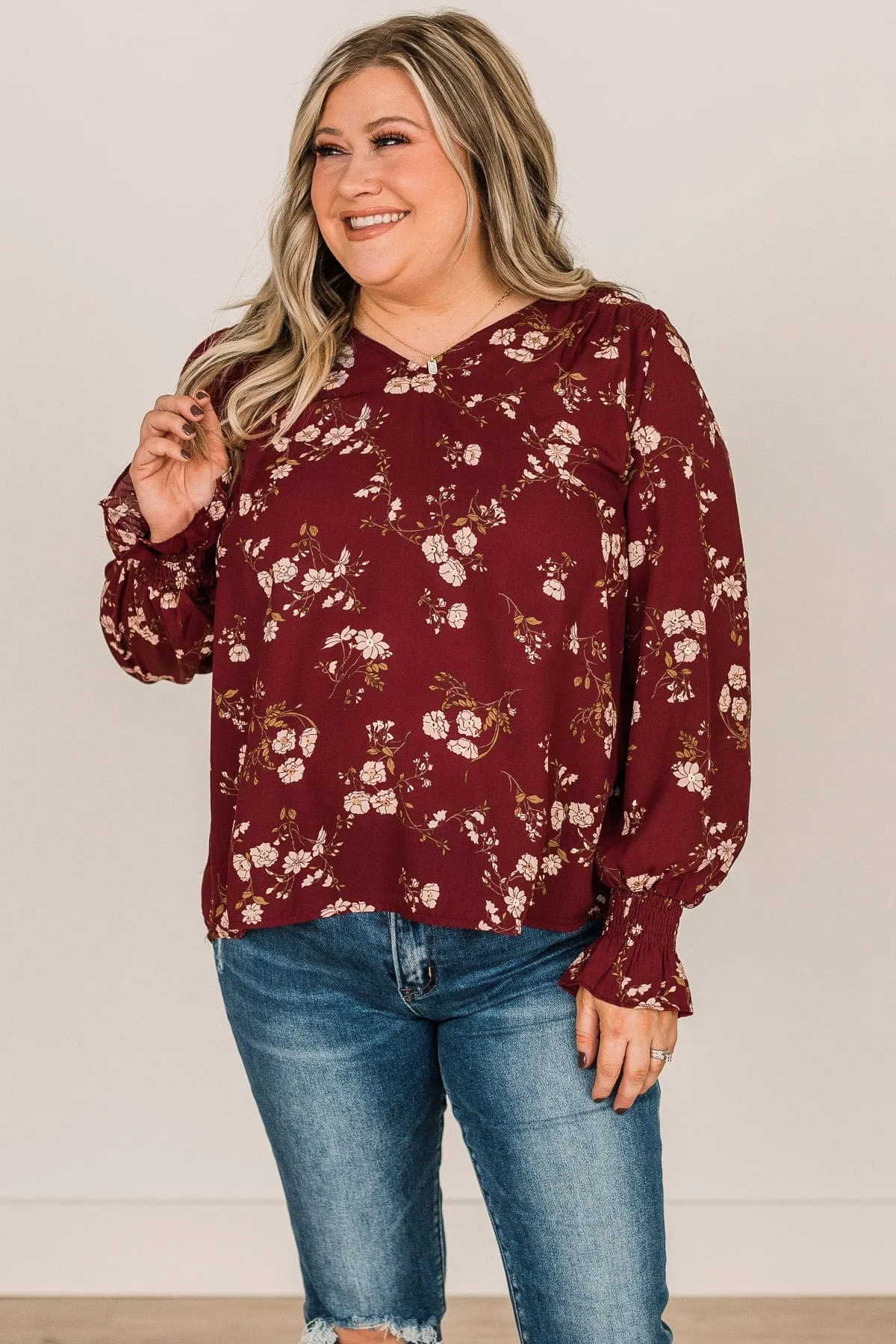 Note To Self Floral Smocked Blouse- Maroon